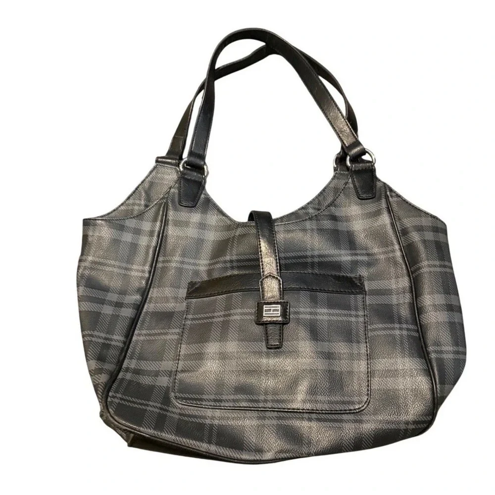 Tommy Hilfiger Plaid Hobo Shoulder Bag Black Gray Silver Buckle